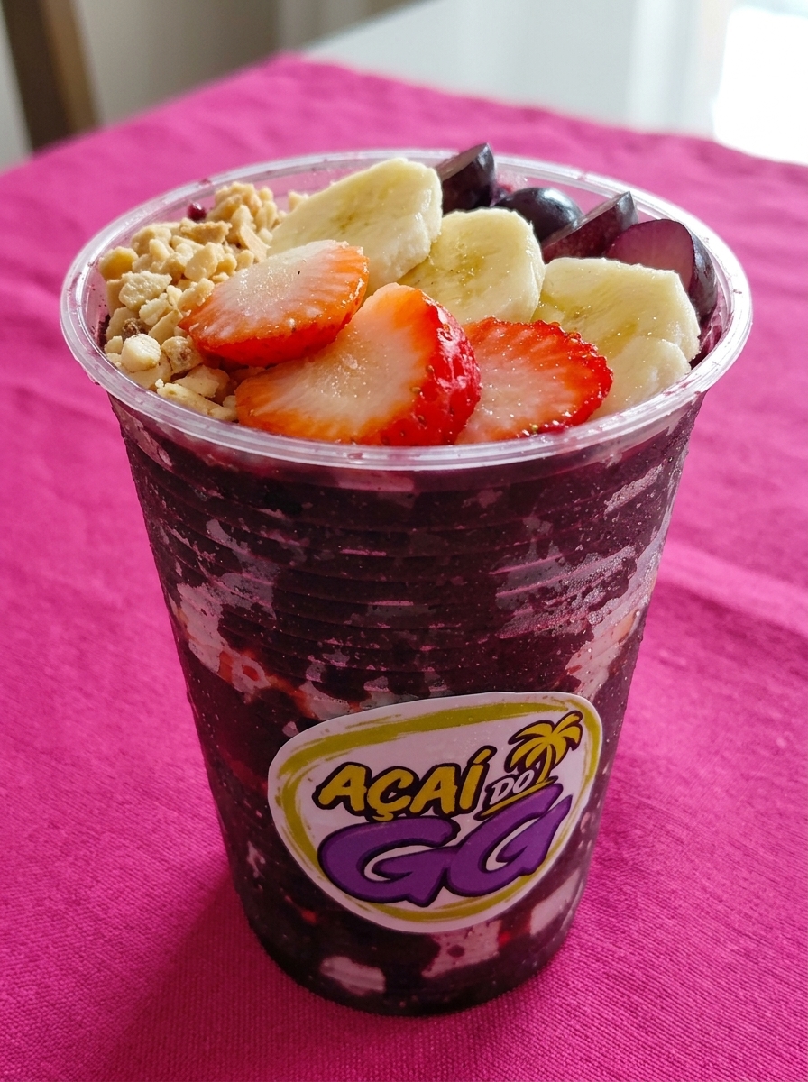 Copo de açaí do GG com morangos, bananas, uvas e castanhas