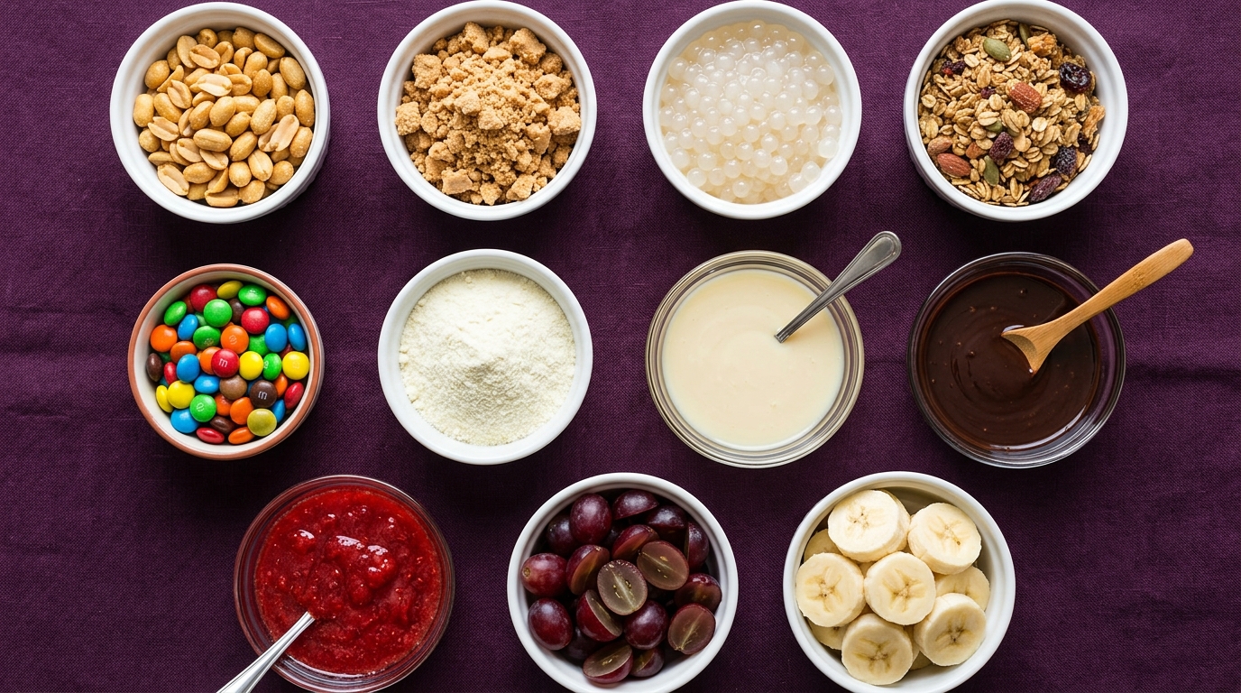 Acompanhamentos disponíveis: amendoim, paçoca, granola, M&M's e mais